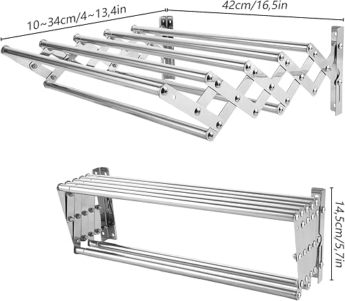 YOUNTHYE 1 étendoir à linge mural en acier inoxydable, extensible et pliable, extensible avec 7 barres pour buanderie, salle de bain - Nail Gallerys