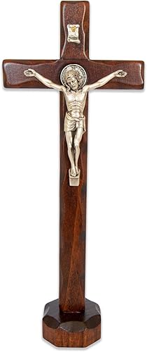 La Balestra Crucifix San Benedetto en bois naturel de table - Christ plaqué argent 999 - fabriqué en Ombrie Italie - 25 x 14 cm - Nail Gallerys