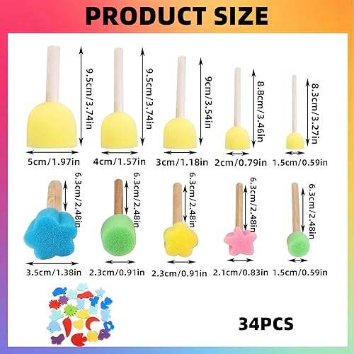 34 Pièces Kit Peinture Pinceau Mousse, Brosse à Eponges Tampon Peinture Rouleau Peinture Pinceaux Éponge Peinture avec Manche Bois pour Peinture Art Artisanat Poterie Graffiti - Nail Gallerys