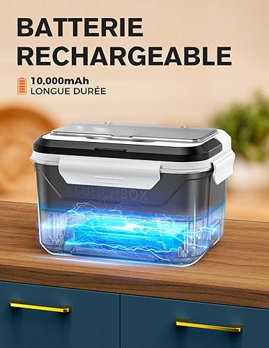 Docusvect Gamelle Chauffante avec Batterie, Lunch box Chauffante avec Chauffage Programmable, Lunch Box Adulte de 1,3 L, Boite Chauffante Repas à Séparateurs Amovibles, Couverts et Sac Isotherme - Nail Gallerys