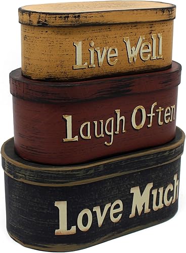 CVHOMEDECO. Primitifs Vintage Boîtes gigognes ovales “Live Well, Laugh Often, Love Much” en carton, Large 24,7 x 14 x 10 centimètre, Set of 3. - Nail Gallerys