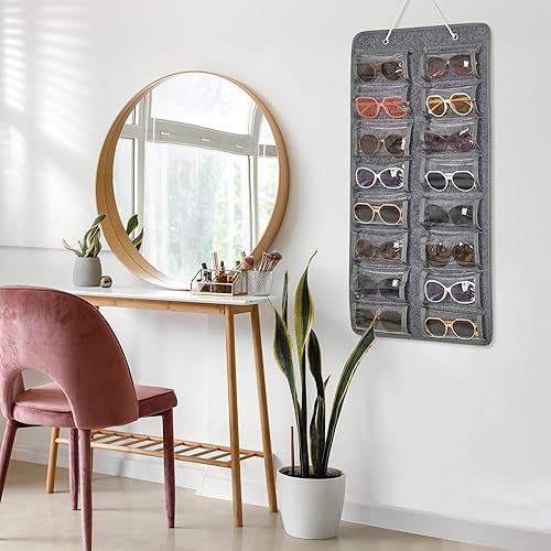 Enbagold Rangement Lunette de Soleil, 16 Fentes Suspendu Organiseur Lunettes de Soleil avec 2 Crochet, Transparent Étanche à la Poussière Sacs Organisateur en Feutre - Gris - Nail Gallerys