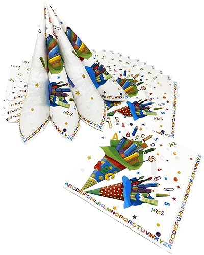 Oblique Unique® Lot de 20 serviettes blanches pour la rentrée scolaire, la rentrée des classes avec sac à sucre ABC multicolore, 1 + 2 = 3 motifs d'école - Nail Gallerys