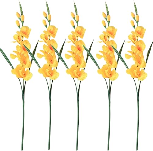 Glaïeuls Fleurs artificielles, 5pcs 25,6 Pouces de glaïeul réaliste avec 3 bourgeons et 7 Fleurs à Faible Entretien en Faux Verdure décorative pour Le Mariage à la Maison, Jaune, Fausse Verdure, glaï - Nail Gallerys