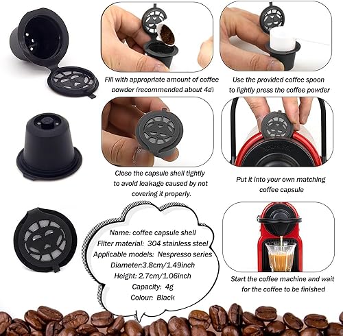 6 pièces Capsule Filtre de Café Réutilisables,Capsules à espresso Réutilisables,Capsule de café Rechargeable,Pour cuisine et bureau avec cuillère et pinceau（Black） - Nail Gallerys