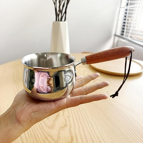 IMEEA Mini pot chauffe-lait 250 ml en acier inoxydable 18/10 triple épaisseur avec poignée en bois - Nail Gallerys