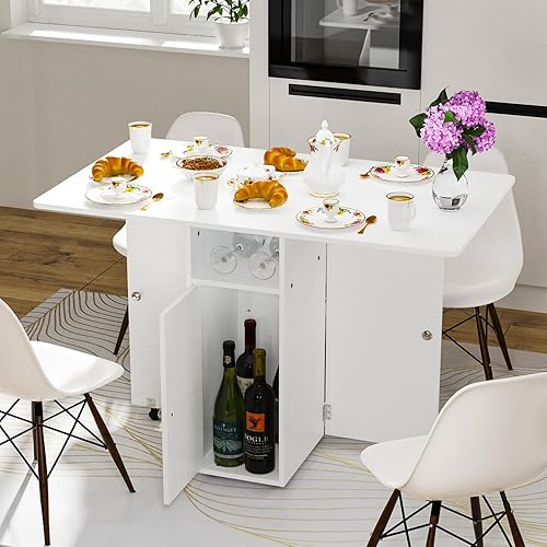 Table de Cuisine Pliante sur Roulette, Table Pliante Console, Table à Manger Pliable, Table Pliante Cuisine,Table Console Extensible avec 2 étagères, pour Petits espaces (Blanc-A) - Nail Gallerys