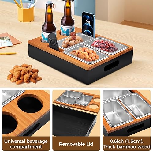 Canapé Bar Snack Box, Plateau de canapé, Plateau Bois, Plateau de Service Porte-Verre à Vin, Boîte à goûter, étagère à vin avec 2 Porte-Boissons, 3 Bols à collation en Acier Inoxydable - Nail Gallerys