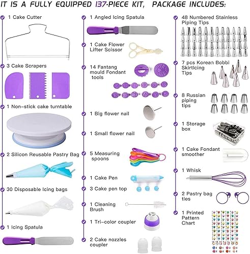 YIGeyi 137 Pcs Kit de pâtisserie Plateau Tournant de Gâteau DIY Ustensiles Kits Décoration pour Glaçage, Déco, Poches, Douilles ect (137pcs, Violet) - Nail Gallerys
