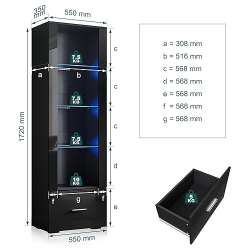 SONNI Vitrine en verre avec éclairage LED noir/blanc, façade brillante, avec 4 étagères et 1 tiroir. Vitrine sur pied, vitrine de salon, 550 x 350 x 1720 mm (l x P x H) - Nail Gallerys
