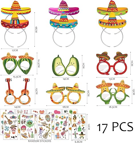TIMJJG Ensemble d'accessoires mexicains de 12 pièces, 5 autocollants, thème mexicain, accessoires de costume de maquillage, décoration pour enfants, convient à la décoration de fête, mascarade - Nail Gallerys