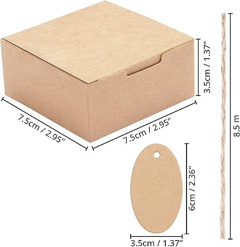 Belle Vous Lot de 50 petites boîtes cadeaux avec couvercles – Boîtes en kraft marron pour cadeaux avec corde et étiquettes – Boîtes à dragées de mariage – 7,5 x 7,5 x 3,5 cm - Nail Gallerys