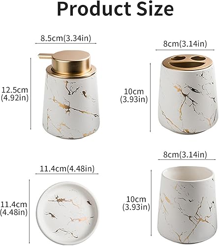 Ensemble de 4 accessoires de salle de bain en céramique marbrée - Distributeur de savon, porte-brosse à dents, gobelet, porte-savon - Blanc mat - Nail Gallerys