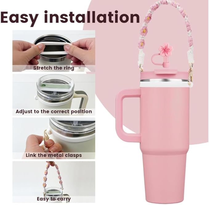 Lot de 8 accessoires de tasse Stanley de 1,2 l pour tasse de voyage Stanley, kit de bricolage comprenant siliocne pour bouteille d'eau Stanley, sangle, couvercle de paille (rose) - Nail Gallerys