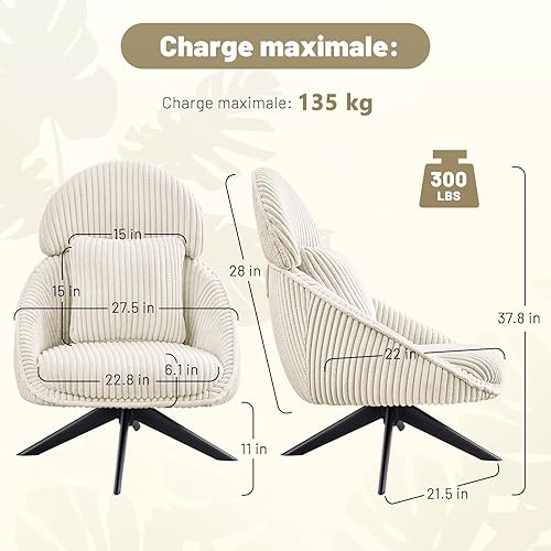 Ckaff Fauteuil Salon Relax Pivotant à 360°, Fauteuil Rembourré Chambre à Coucher avec Coussin épais Amovible, Fauteuil de Bureau Fauteuil de Lecture pour Salon Chambre à Coucher Bureau, Beige - Nail Gallerys