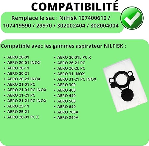 Sac aspirateur pour Nilfisk AERO 20 AERO 21 AERO AERO 25 AERO 26 AERO 31 INOX sacs poussière remplacement 107400610/107419590/29970/302002404/302004004 [Lot 10] Phonillico® - Nail Gallerys