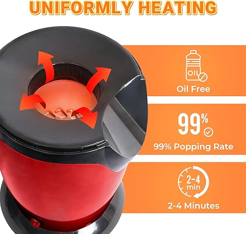 Leogreen - Appareil à Popcorn Eléctrique, Eclateur de Maïs, Rouge, Dimensions: 30,5 x 17 x 16,3 cm, Capacité de la tasse: 60 g - Nail Gallerys