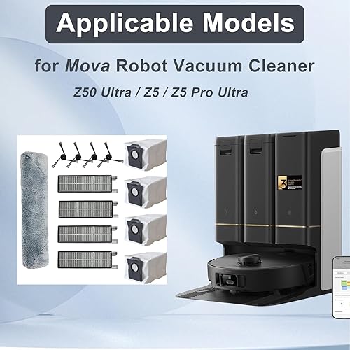 Lot de 13 kits de rechange pour aspirateur robot Mova Z50 Ultra / Z5 / Z5 Pro Ultra, pièces d'accessoires, 1 balai à rouleau, 4 brosses latérales, 4 filtres HEPA, 4 sacs à poussière - Nail Gallerys
