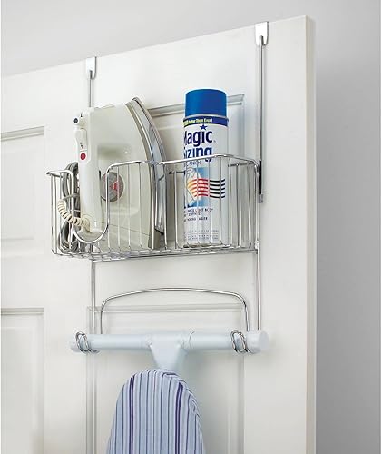 mDesign Support de planche à repasser avec panier de rangement pour fer à repasser – Rangement pour planche à repasser au-dessus de la porte – Rangement suspendu avec panier – Chrome - Nail Gallerys