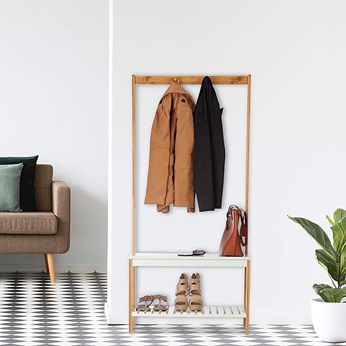 Relaxdays Portemanteau banc à chaussures, 4 crochets vestes, Meuble entrée, bambou et MDF, 150x70,5x30 cm, nature-blanc, Taille Unique - Nail Gallerys