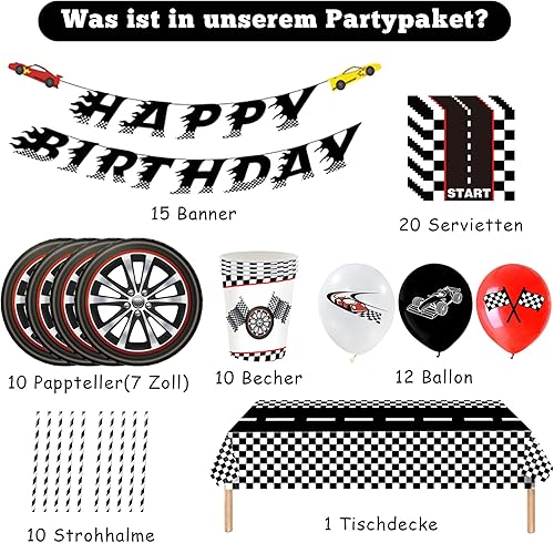 Kit de vaisselle de fête d'anniversaire pour garçon - Voiture de course - Ballons Happy Birthday - Bannière d'anniversaire d'enfant - Avec voitures, assiettes en carton, gobelets, serviettes, pailles - Nail Gallerys