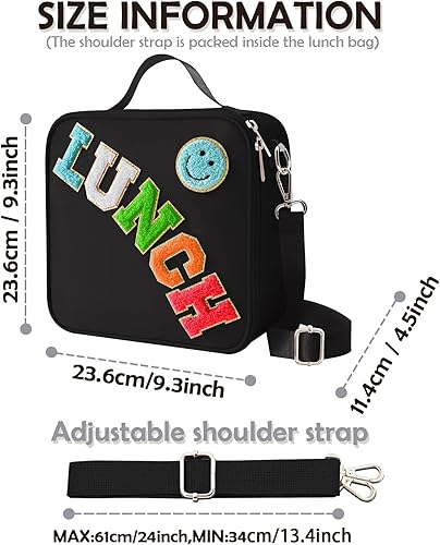 MEEYUU Sac à déjeuner isotherme en nylon pour garçons et filles - Grand sac à déjeuner isotherme réutilisable avec smiley Preppy pour filles, école, voyage, pique-nique - Réglable (noir) - Nail Gallerys