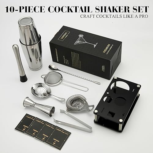 Ensemble Boston Shaker Gienxias - 10 pièces en acier inoxydable, avec filtre, pince à glace, cuillère de bar, doseur et support en acrylique - Pour barmans professionnels et amateurs (Noir) - Nail Gallerys