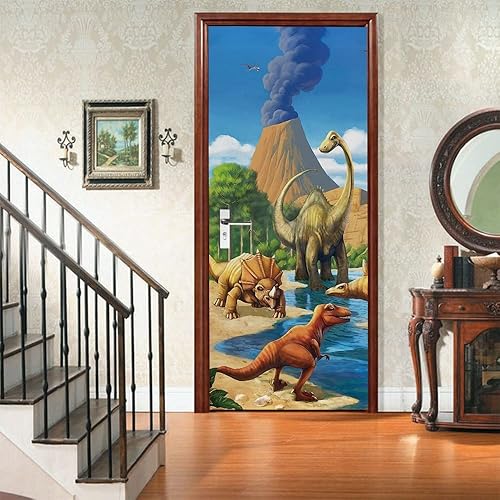 stikers murals salon 40x120cm(15.74 inches * 47.24 inches) Dinosaures volcans Papier Peint Porte Sticker Porte Muraux 3D Intérieure Trompe L'Oeil Décoration Autocollants De Porte Imperméable Amovible - Nail Gallerys