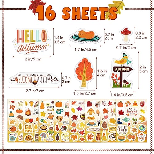 16 Feuilles 300Pcs Gommette Enfant Thème Automne Autocollant Motif Feuille d'érable Animaux Fête Automnale Anniversaire pour Scrapbooking Loisir Créatif - Nail Gallerys