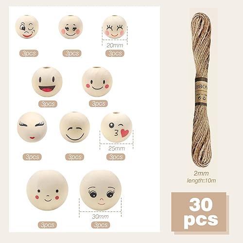 TOAOB 30pcs Perles en Bois avec Visage Souriant 20mm 25mm 30mm Perles Rondes Tête de Poupée Naturel en Bois avec 5mm Trou 10 Styles pour Décoration de Bricolage Fabrication de Bracelets Artisanat - Nail Gallerys