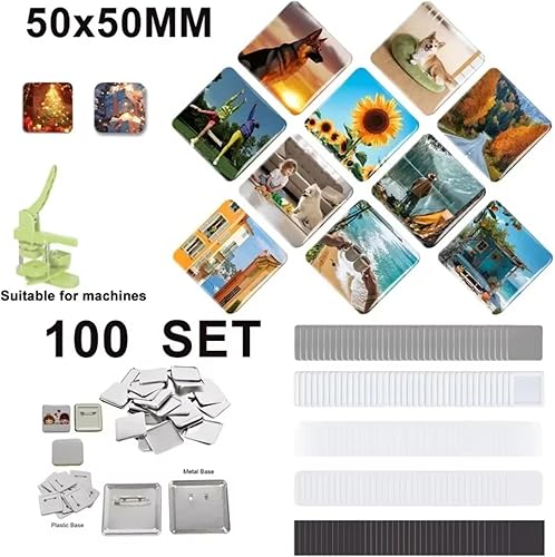 Presse-boutons magnétiques carrés avec 100 ensembles de fournitures carrées pour faire des badges de 5,1 x 5,1 cm, personnalisables pour les fêtes, les événements, les entreprises - Nail Gallerys