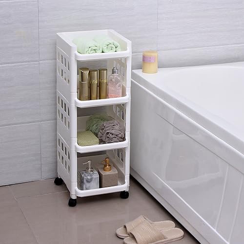 SONGMICS Étagère sur roulettes, 4 Niveaux, Plastique, polypropylène Gain de Place, Cuisine, Salle de Bains, Rangement des Affaires, Blanc KSC02WT - Nail Gallerys