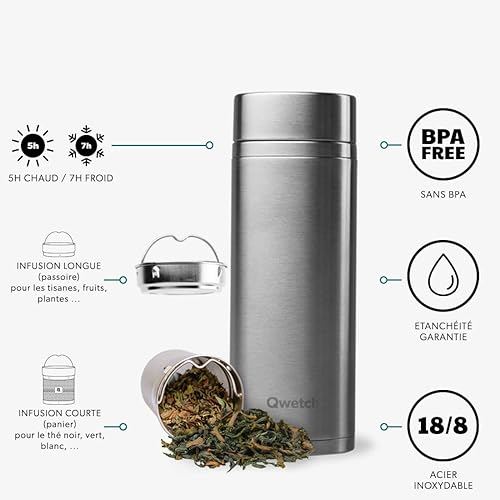 Qwetch - Théière Infusion Isotherme - Matt Vert Emeraude 400ml - Bouteille infuseur Nomade Inox - 5h Chaud et 7h Froid Sans BPA, Étanche & Reutilisable - Idéale pour Thé, Café, Fruit, Tisane - Nail Gallerys