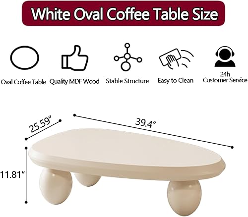 Table Basse Blanche, Jolie Table D'appoint, Table Basse Moderne Avec 3 Pieds En Boule, Table Basse Ovale De Dessin Animé, Table À Thé D'intérieur Irrégulière Pour Salon, Chambre À Coucher,L39.4in - Nail Gallerys