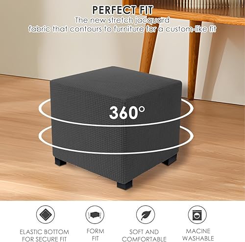 Housse de tabouret extensible carrée tout compris, housse de pouf antidérapante avec base élastique, housse de tabouret en jacquard doux, résistante à la poussière et lavable en machine (gris foncé) - Nail Gallerys