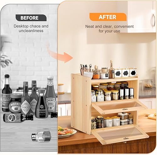 Boîte à Pain à 2 Couches pour Comptoir de Cuisine, Boîte à Pain en Bois avec Fenêtres, Récipient pour Aliments Secs avec Ventilation pour Garder la Pain au Frais, à Monter Soi-même(Couleur du bois) - Nail Gallerys