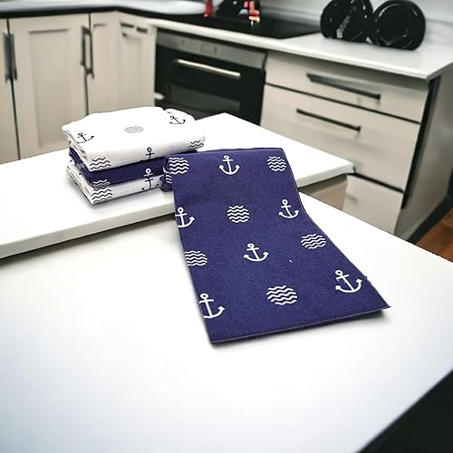 BUSDUGA 4349 Lot de 4 torchons de cuisine style marin 60 x 40 cm 100 % coton Motif ancres et vagues - Nail Gallerys