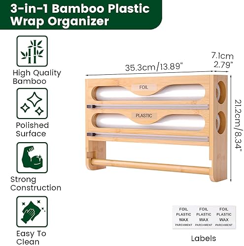 NBUABX Dérouleur Film Alimentaire avec Support Essuie Tout en Bambou, Distributeur Papier Aluminium et Film, Distributeur Film Alimentaire avec Coupeur, Compatible avec Rouleaux de 12' - Nail Gallerys