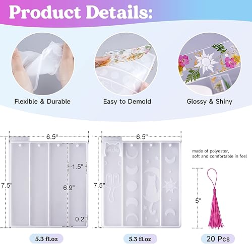 LET'S RESIN Lot de 20 moules en résine de silicone pour marque-page - 3,8 cm de large - Motif de lune et de chat - Avec 20 pompons, moules rectangulaires pour moulage de résine époxy - Nail Gallerys