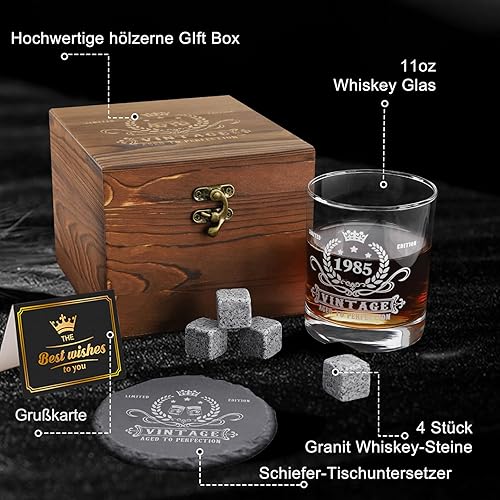 Amosking Cadeaux d'anniversaire 40e anniversaire pour hommes, ensemble de verres à whisky vintage 1985, boîte en bois, pierres à whisky, dessous de verre, carte de vœux, idées de cadeaux - Nail Gallerys