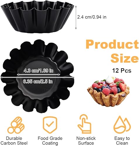 Lot de 12 Petits Moules à Tartelettes,6.35 cm/2.5 in Moules à Tarte aux Oeufs,Réutilisables Moules à Tartelettes en Acier au Carbone,Antiadhésif Moule à Muffin pour Tartes Puddings Muffins (Noir) - Nail Gallerys