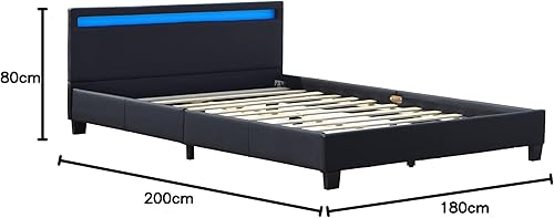 angel - Solide et Confortable Lit 90x200 avec Sommier + Tête de Lit avec Eclairage LED Couleur NOIR + Pieds en 10 cm pour matelas en - 13 Lattes - revetement PVC Simili facile d'entretien - Montage R - Nail Gallerys