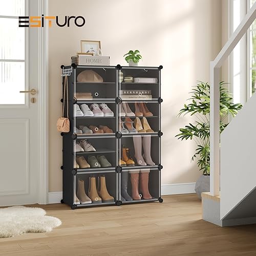 eSituro Meuble Chaussures à Cubes Empilables, Étagère de Rangement 2x8 Casiers Modulables DIY, avec Portes et Crochets, pour 16 Paires de Chaussures, en Panneaux PP, avec Maillet, Noir - Nail Gallerys