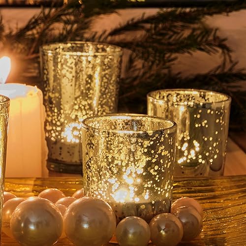 Lot de 12 photophores en verre à mercure - Doré à taches - Pour décoration de table - Pour anniversaire, fête, maison - Nail Gallerys