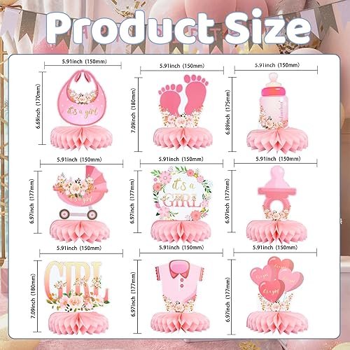 Goiern 9 pièces Décorations Baby Shower Roses Centres en Nid d'abeille pour Filles Fleurs C'est Une Fille Révélation de Sexe Centre de Table Articles de Fête Bébé Fille - Nail Gallerys