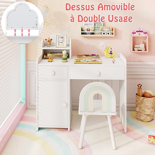 DREAMADE Coiffeuse Enfant Fille avec Miroir Amovible&Tabouret,Table de Maquillage Enfants avec Étagère,Tiroirs,Armoire,Coiffeuse Princesse 3+Ans (Blanc) - Nail Gallerys