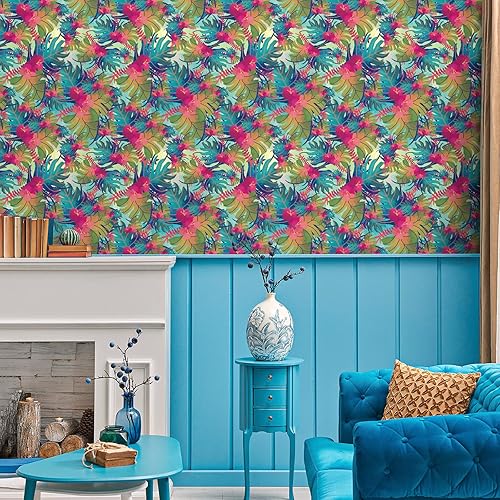 VaryPaper Papier Peint Fleuri Rose Papier Peint Feuilles Tropical Coloré 44.5cmx200cm Papier Adhesif pour Meuble Rouleau Adhesif Decoratif Stickers Meuble Enfant Papier Peint Chambre Fille Chambre - Nail Gallerys