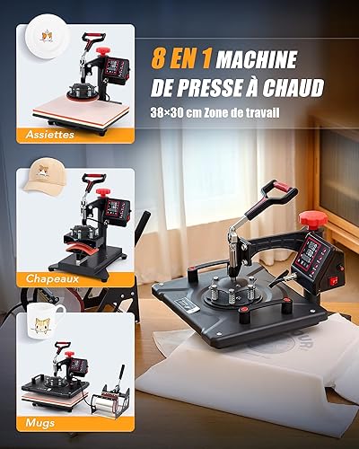 CREWORKS 8 en 1 Presse à Chaud 38x30CM Machine de Transfert à Chaleur Plateaux Pivotant à 360° Contrôle Numérique de Durée et Température avec Accessoires pour Tasse Chapeau Assiette Capuchon - Nail Gallerys