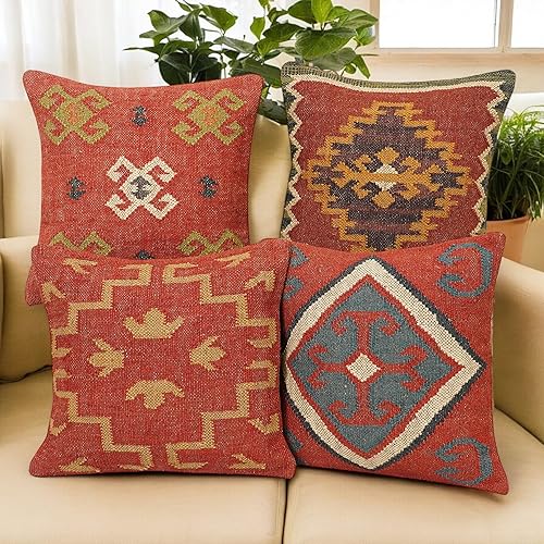 INDACORIFY 4 pièces Ensemble Laine Jute Kilim Housse de Coussin Vintage tissé à la Main Turc taie d'oreiller décoratif Jeter décor à la Maison (Style- 01) - Nail Gallerys
