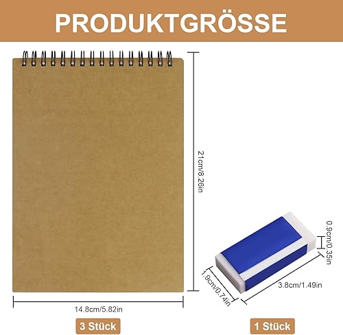 Lot de 3 blocs à dessin A5 - Carnet de croquis à spirale - 60 pages de papier croquis - Panneau rigide sans acide - Pour dessin, croquis, peinture - Avec 1 petite gomme blanche - Nail Gallerys